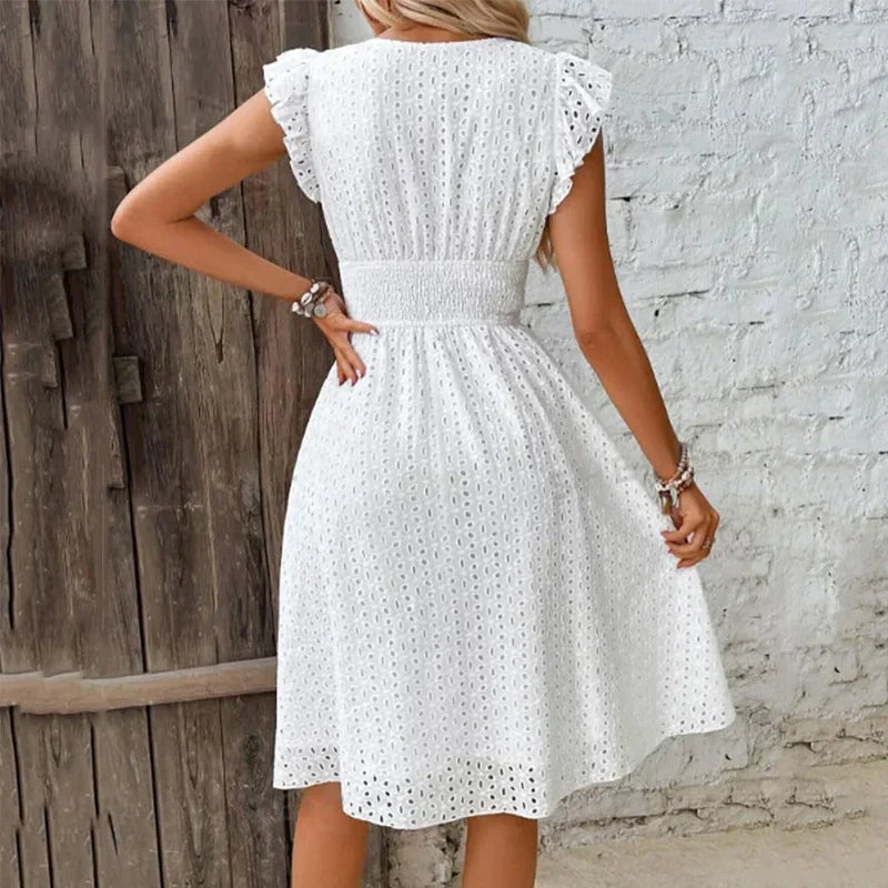 Broderie anglaise A-line midi dress with wrap V-neck, ruffle cap sleeves and smocked waist - view 3