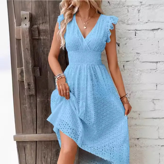 Broderie anglaise A-line midi dress with wrap V-neck, ruffle cap sleeves and smocked waist - view 6