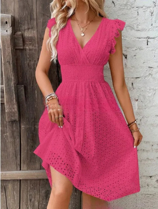 Broderie anglaise A-line midi dress with wrap V-neck, ruffle cap sleeves and smocked waist - view 7