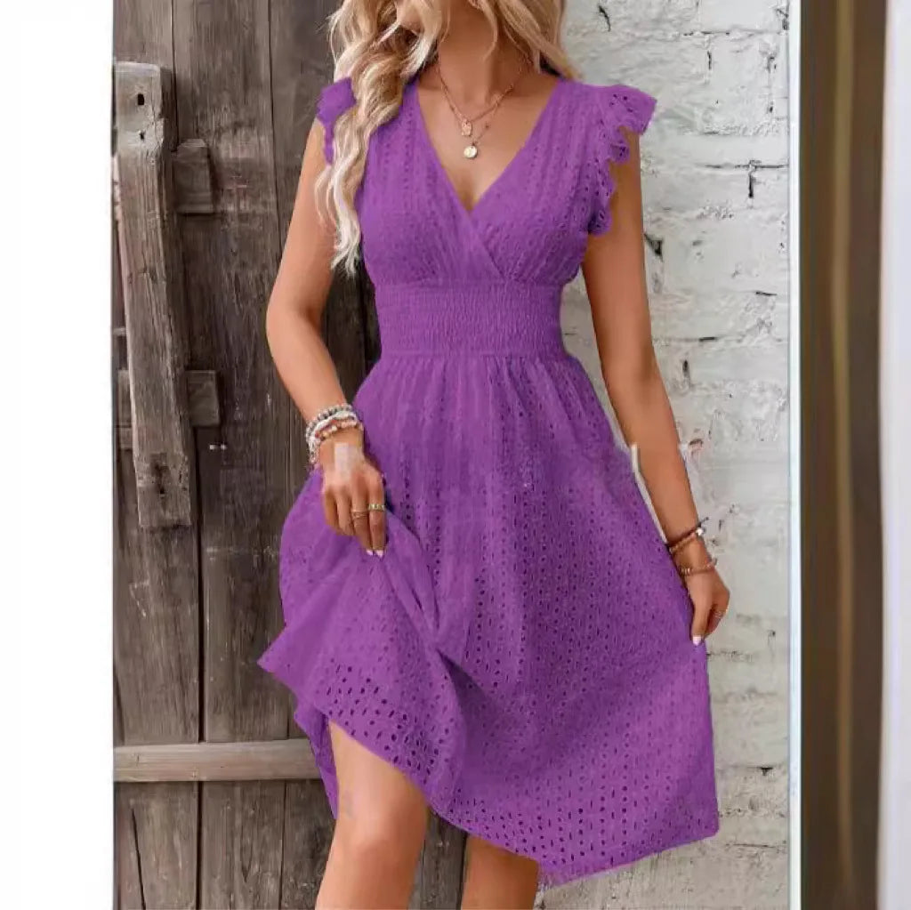 Broderie anglaise A-line midi dress with wrap V-neck, ruffle cap sleeves and smocked waist - view 8