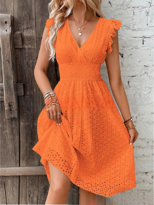 Broderie anglaise A-line midi dress with wrap V-neck, ruffle cap sleeves and smocked waist - view 9
