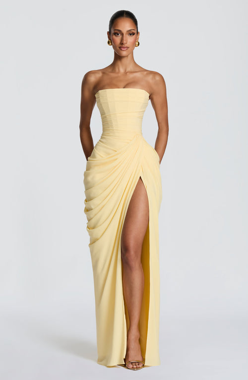 Draped strapless maxi dress with ruched waist and thigh-high slit, a wedding guest maxi dress