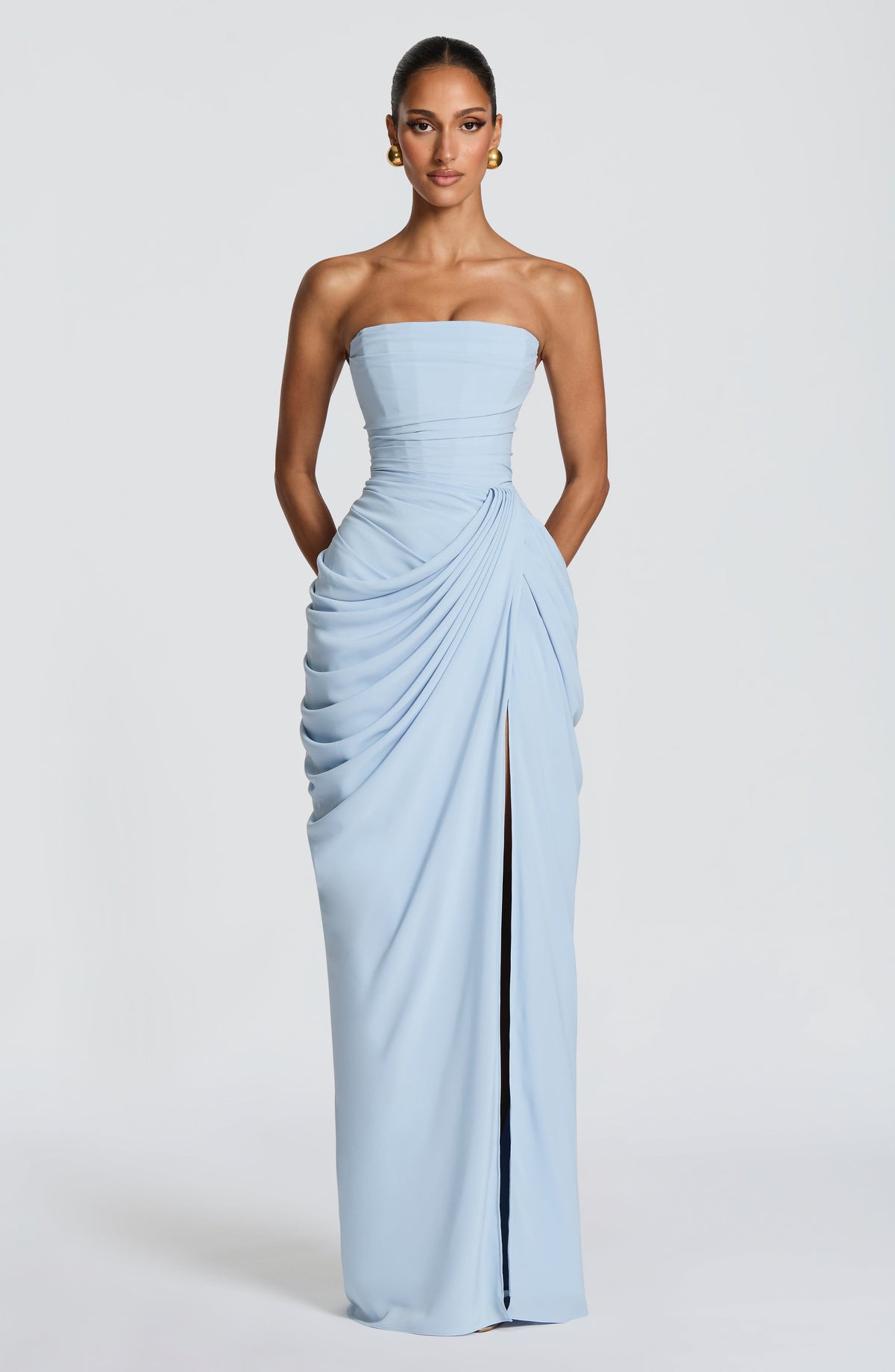Draped strapless maxi dress with ruched waist and thigh-high slit, a wedding guest maxi dress - view 2