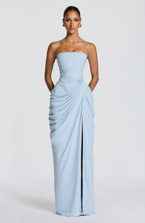 Draped strapless maxi dress with ruched waist and thigh-high slit, a wedding guest maxi dress - view 2