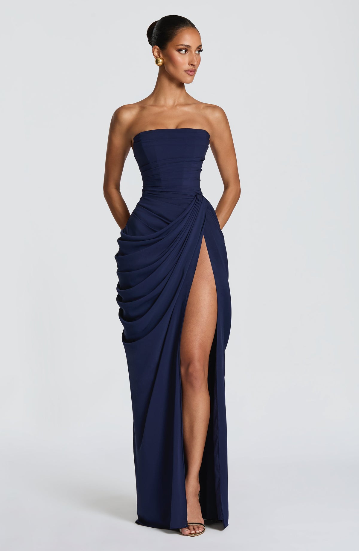 Draped strapless maxi dress with ruched waist and thigh-high slit, a wedding guest maxi dress - view 3