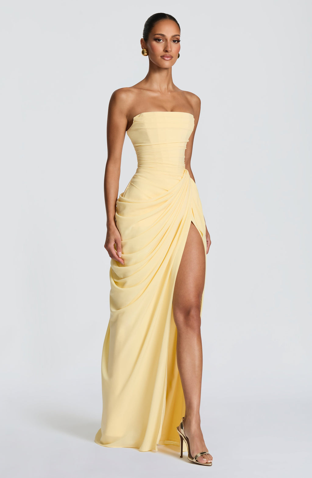 Draped strapless maxi dress with ruched waist and thigh-high slit, a wedding guest maxi dress - view 4