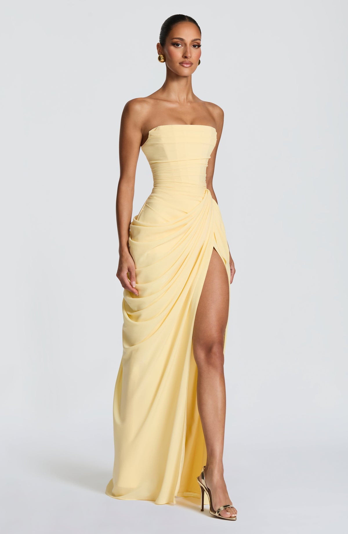 Draped strapless maxi dress with ruched waist and thigh-high slit, a wedding guest maxi dress - view 4