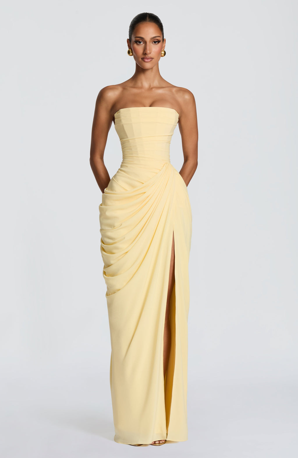 Draped strapless maxi dress with ruched waist and thigh-high slit, a wedding guest maxi dress - view 6