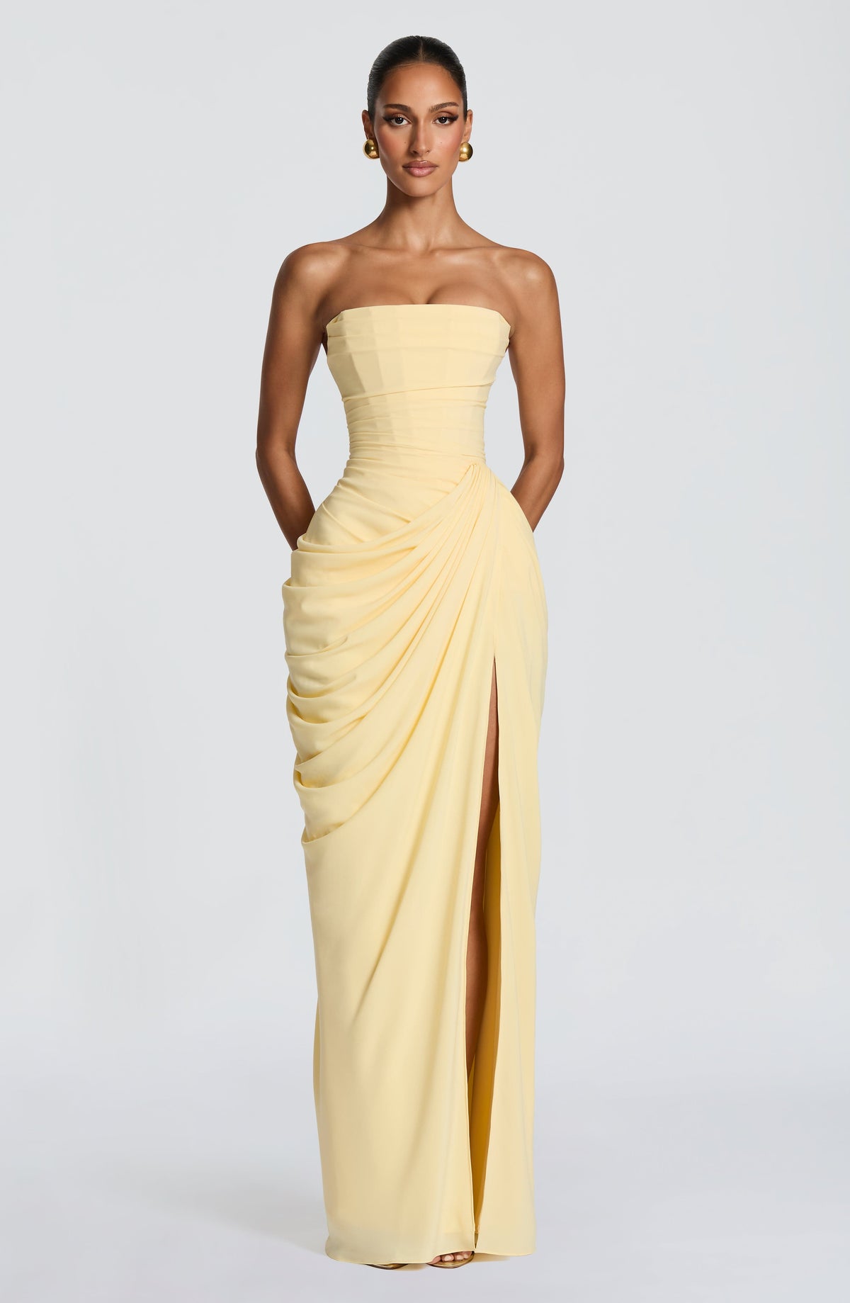 Draped strapless maxi dress with ruched waist and thigh-high slit, a wedding guest maxi dress - view 6