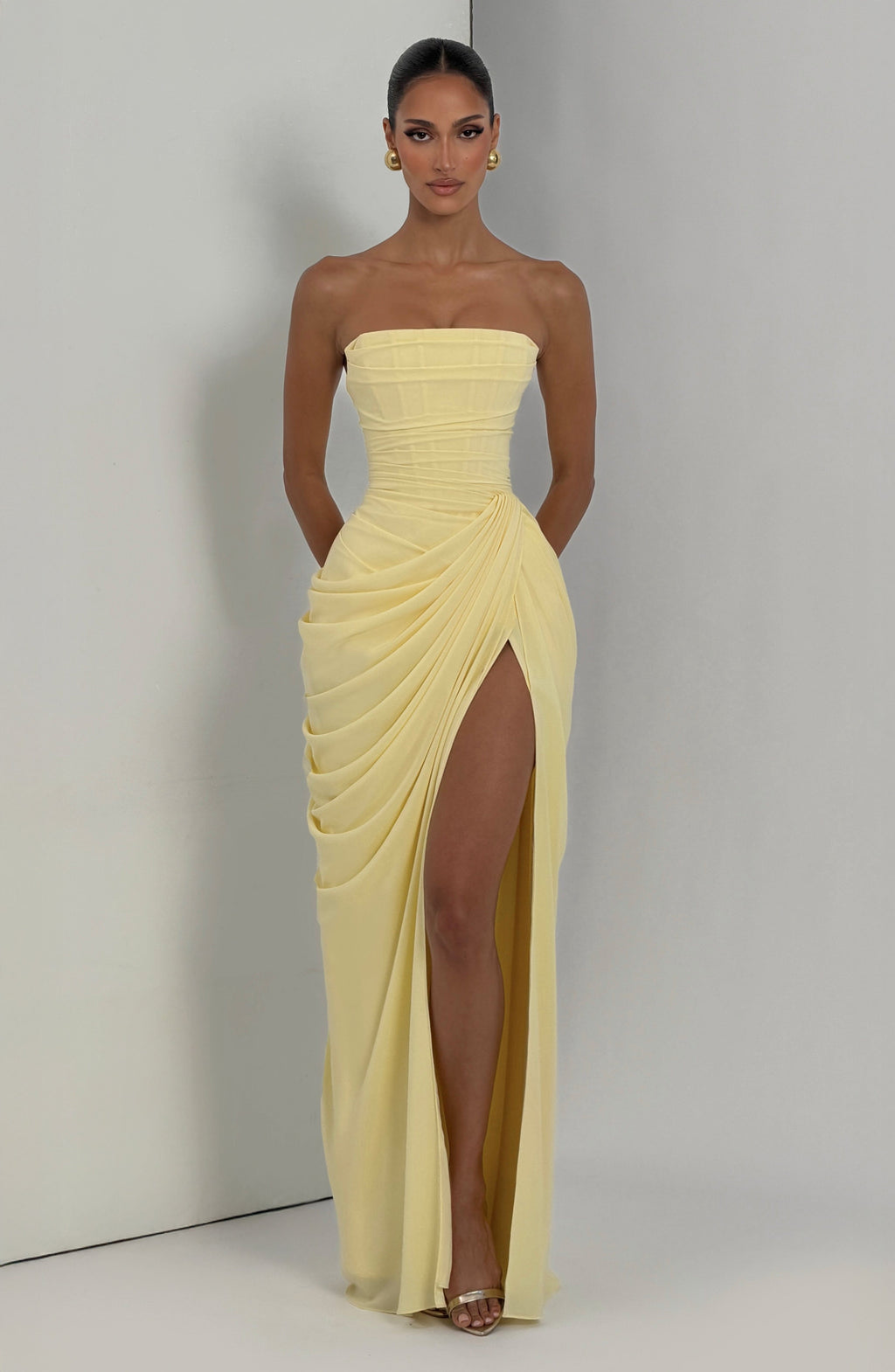 Draped strapless maxi dress with ruched waist and thigh-high slit, a wedding guest maxi dress - view 8