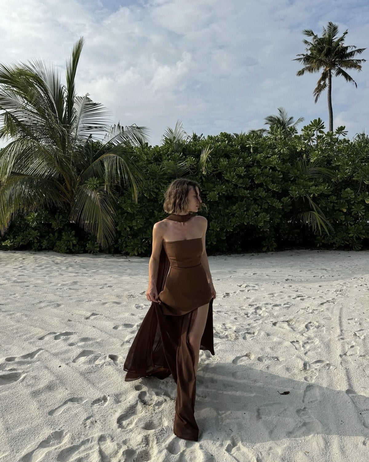 Strapless asymmetric maxi dress with sheer skirt and thigh slit - view 10