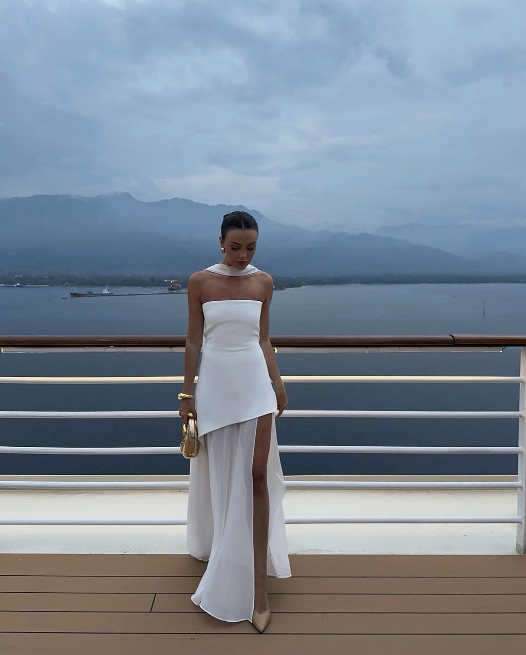 Strapless asymmetric maxi dress with sheer skirt and thigh slit - view 4