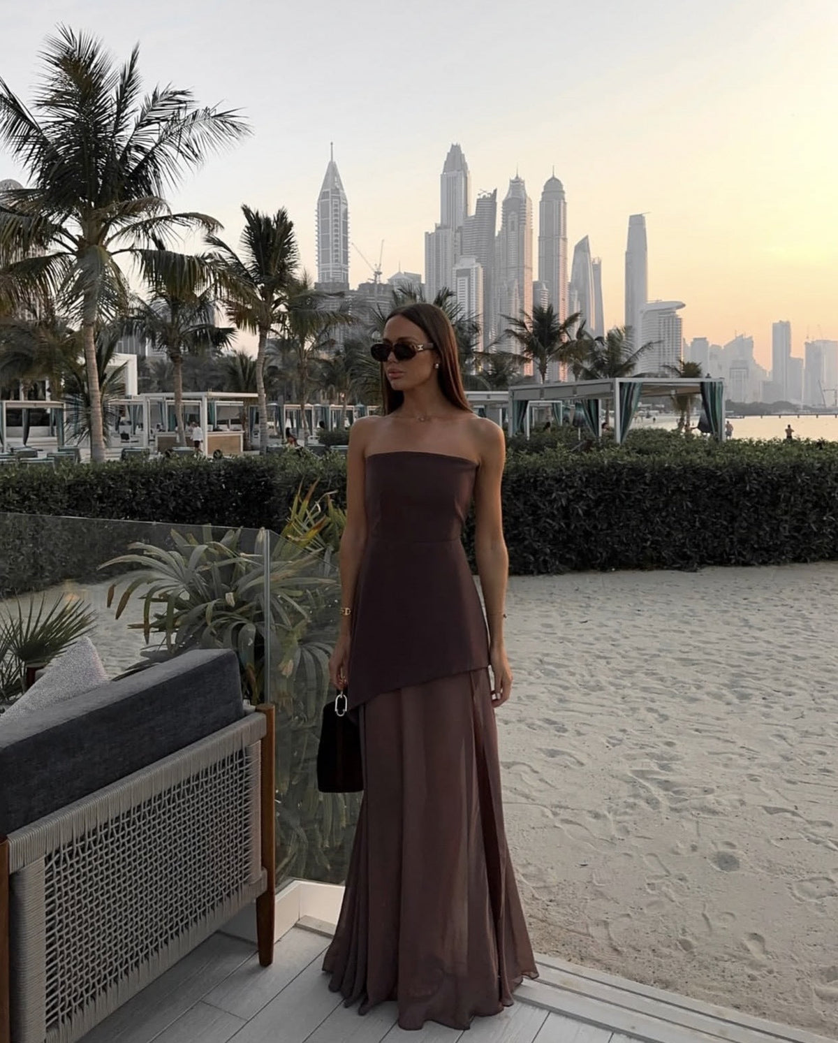 Strapless asymmetric maxi dress with sheer skirt and thigh slit - view 7