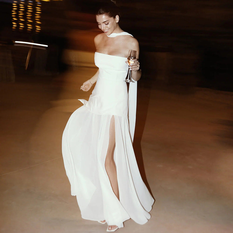 Strapless asymmetric maxi dress with sheer skirt and thigh slit - view 9