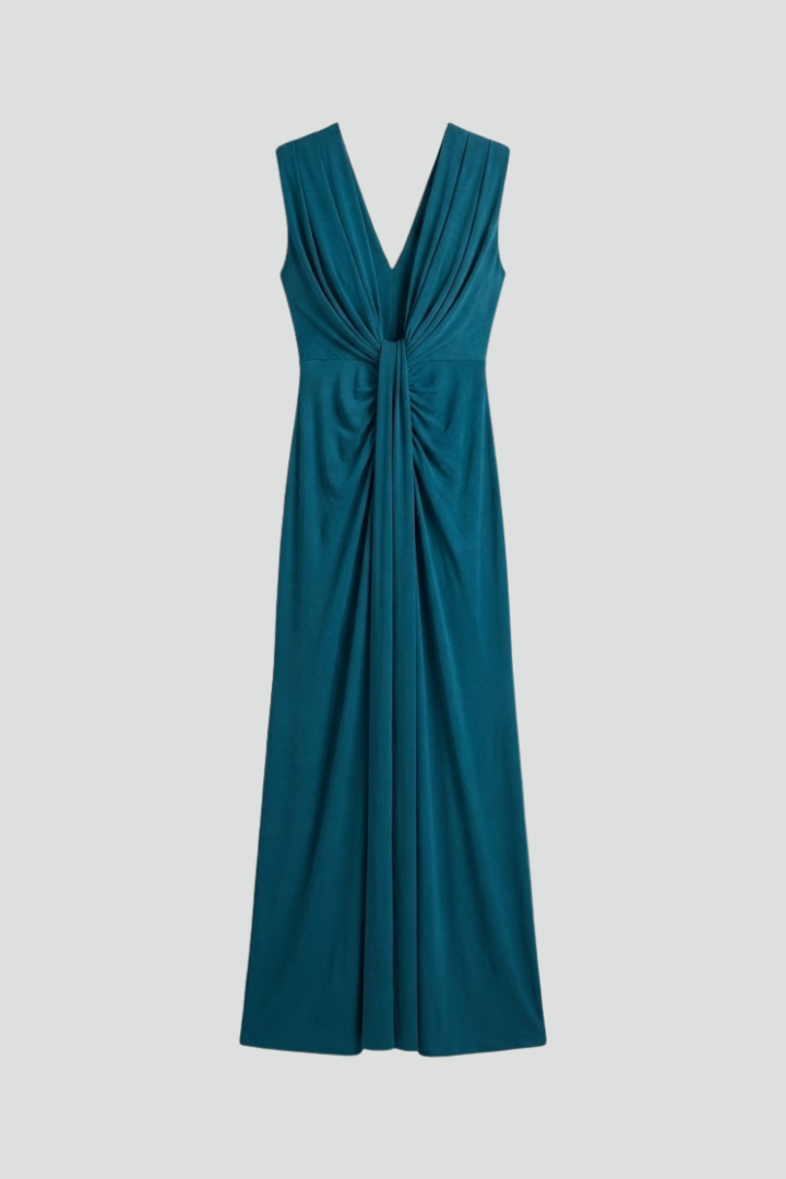Allegra sleeveless formal maxi dress with plunging V-neck and twisted knot ruched waist