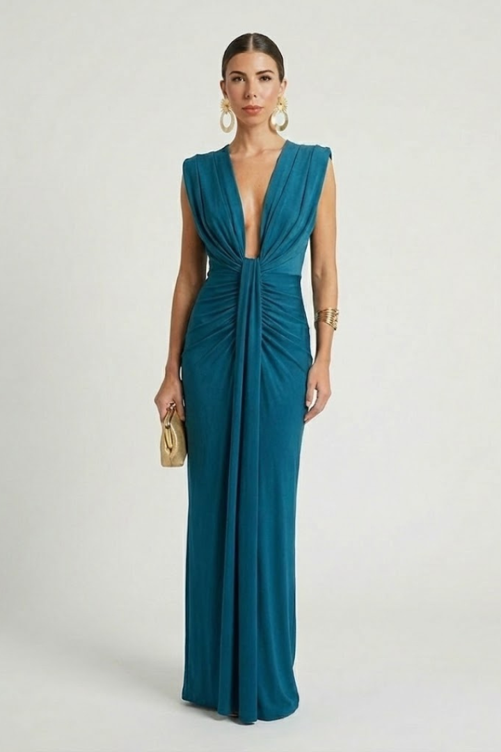 Allegra sleeveless formal maxi dress with plunging V-neck and twisted knot ruched waist - view 2