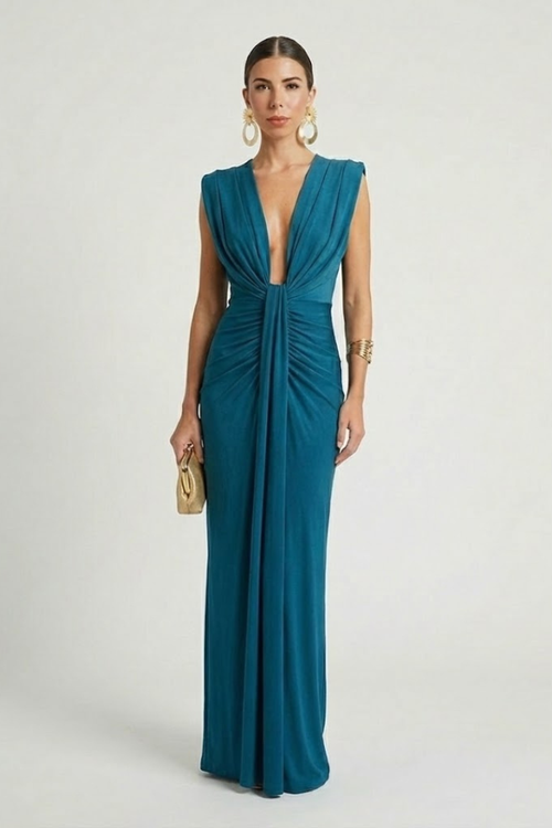 Allegra sleeveless formal maxi dress with plunging V-neck and twisted knot ruched waist - view 2