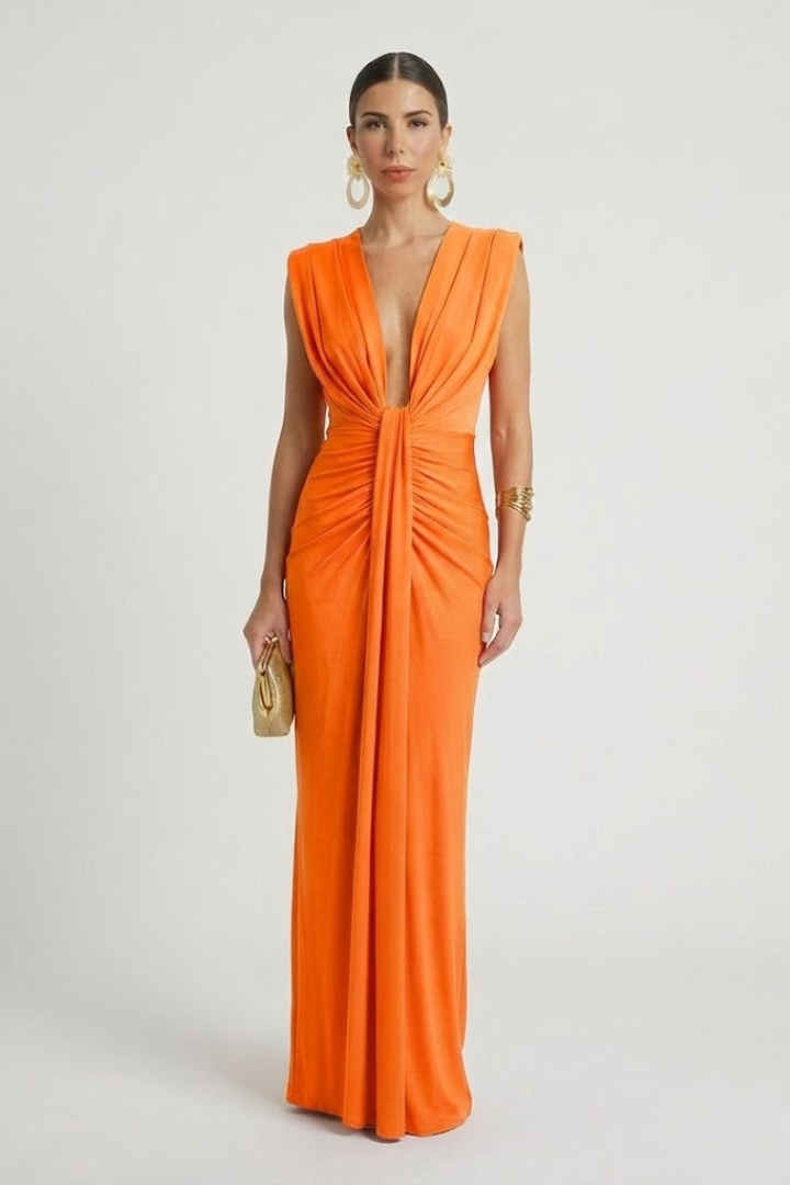 Allegra sleeveless formal maxi dress with plunging V-neck and twisted knot ruched waist - view 4
