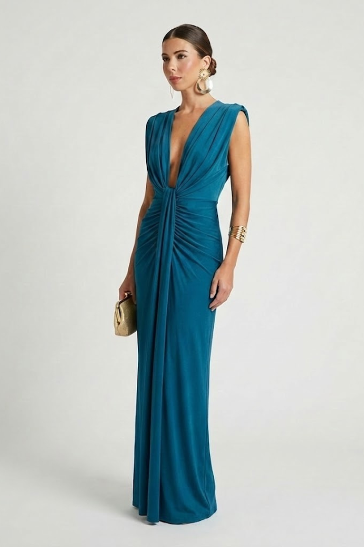 Allegra sleeveless formal maxi dress with plunging V-neck and twisted knot ruched waist - view 6