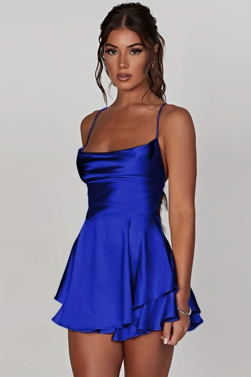 Women's satin cocktail mini dress with cowl neckline, spaghetti straps and layered flared skirt - view 12