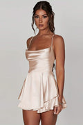 Women's satin cocktail mini dress with cowl neckline, spaghetti straps and layered flared skirt - view 4