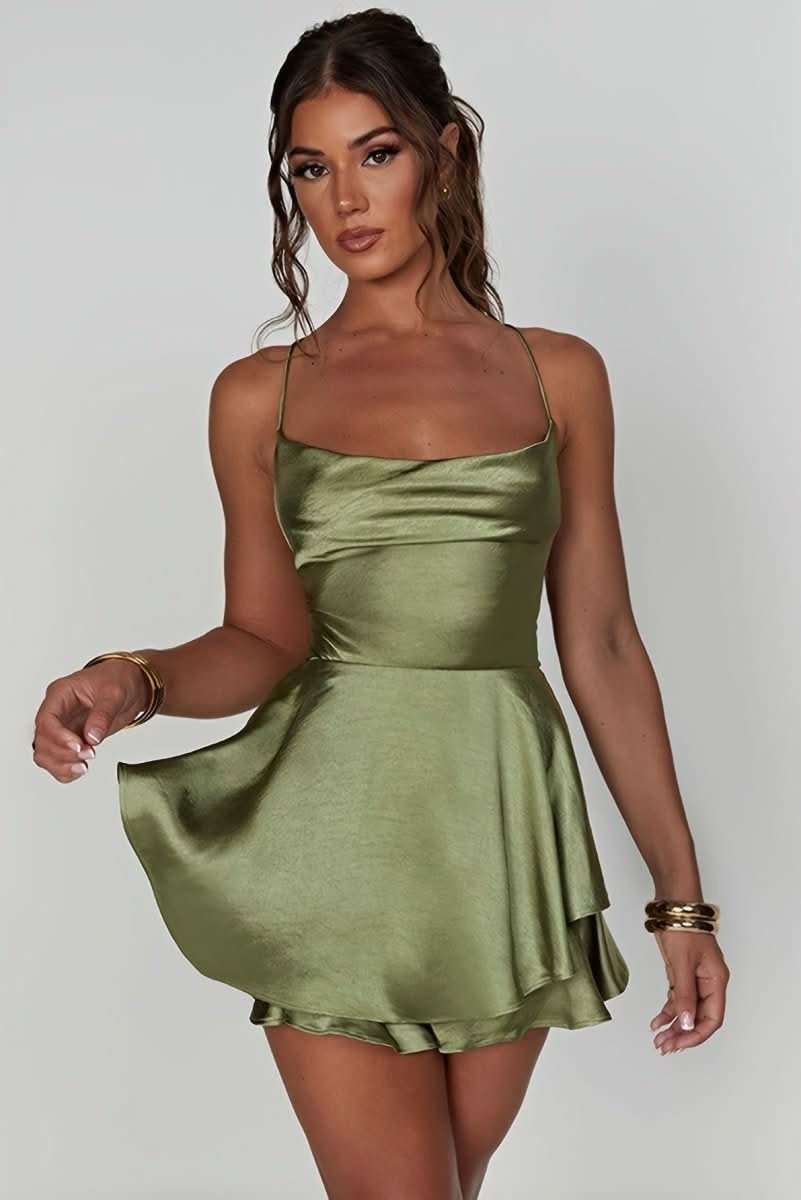 Women's satin cocktail mini dress with cowl neckline, spaghetti straps and layered flared skirt - view 8