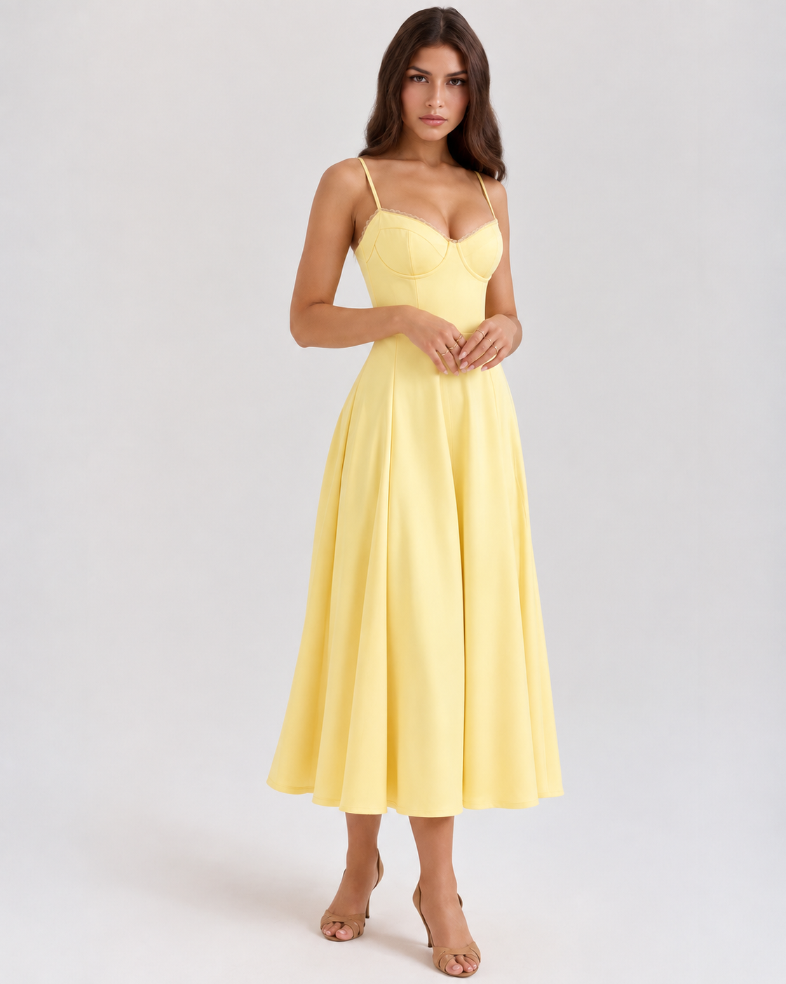 Woman wearing a corset A line midi dress with lace-trimmed sweetheart neckline and full circle skirt - view 10