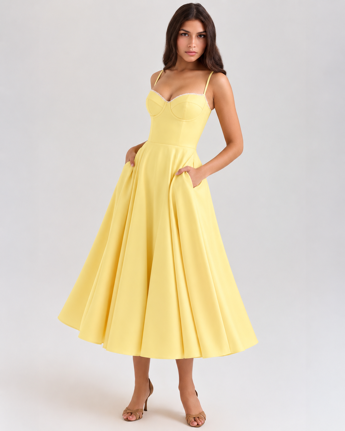 Woman wearing a corset A line midi dress with lace-trimmed sweetheart neckline and full circle skirt - view 12