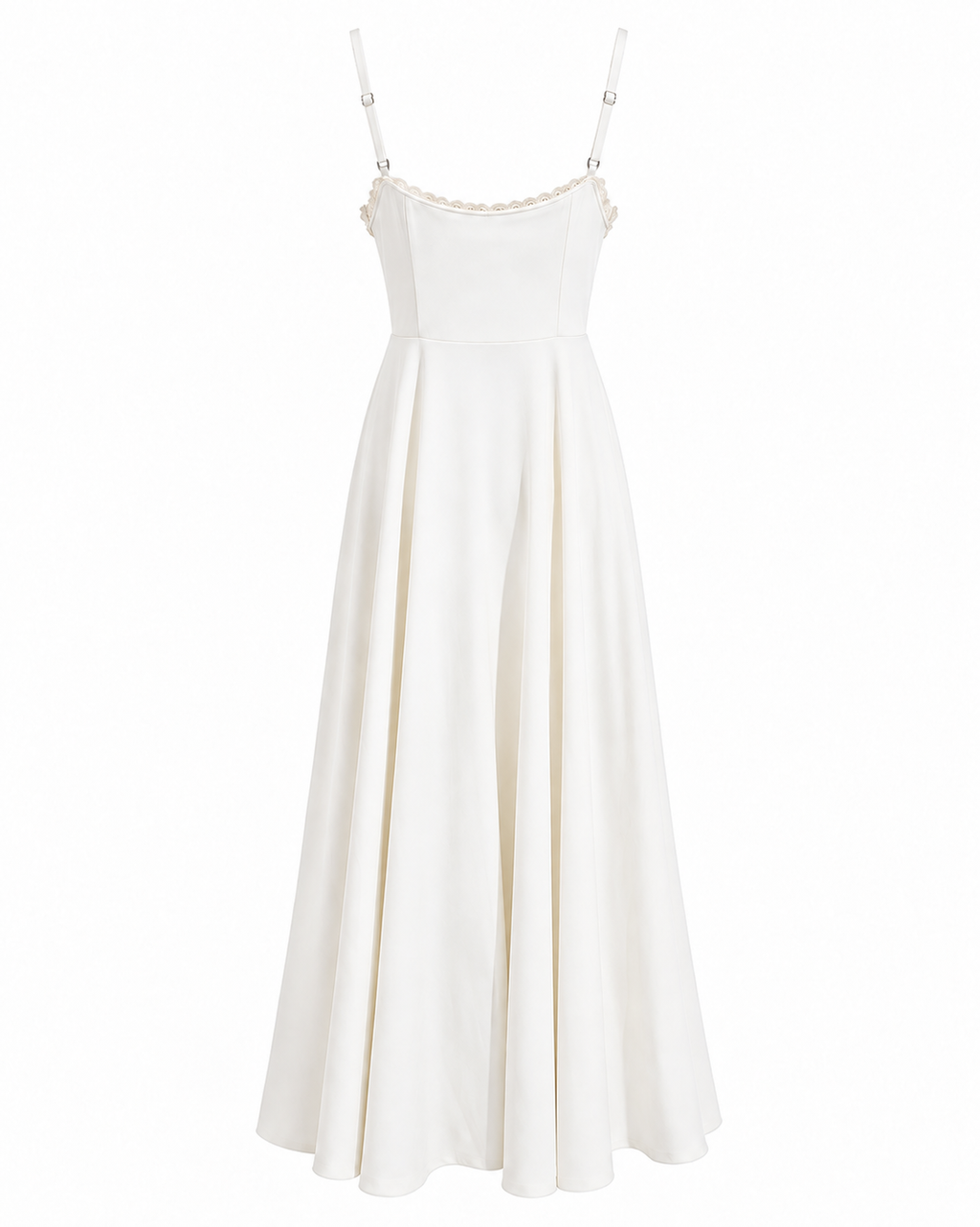 Woman wearing a corset A line midi dress with lace-trimmed sweetheart neckline and full circle skirt - view 13