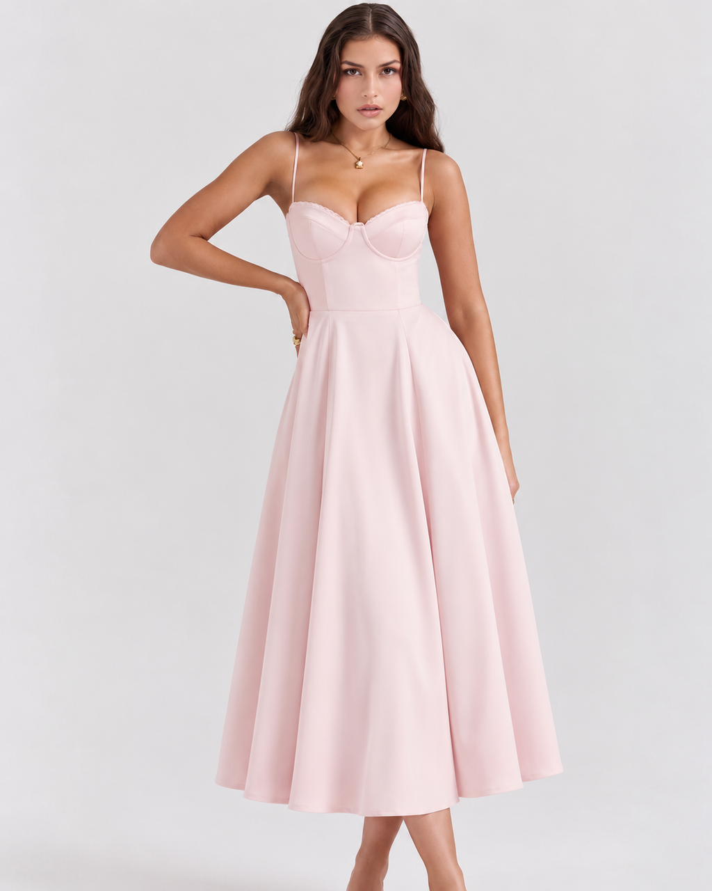 Woman wearing a corset A line midi dress with lace-trimmed sweetheart neckline and full circle skirt - view 16