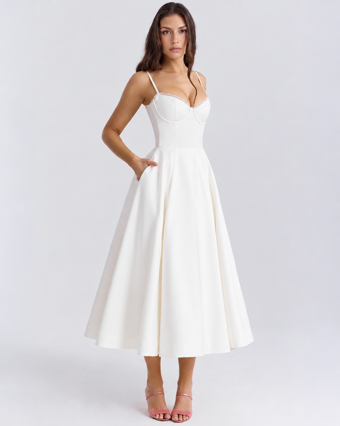 Woman wearing a corset A line midi dress with lace-trimmed sweetheart neckline and full circle skirt - view 17
