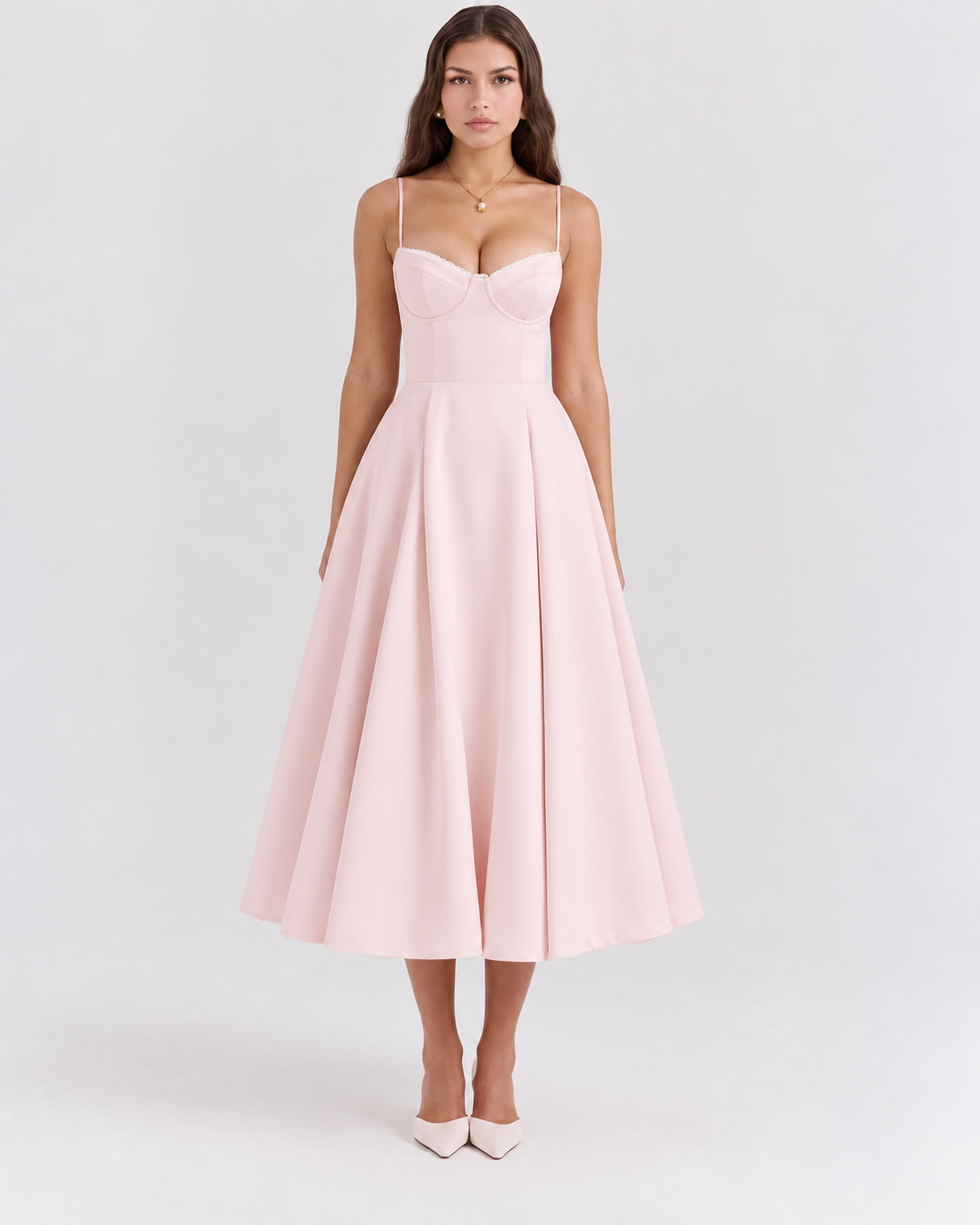 Woman wearing a corset A line midi dress with lace-trimmed sweetheart neckline and full circle skirt - view 18