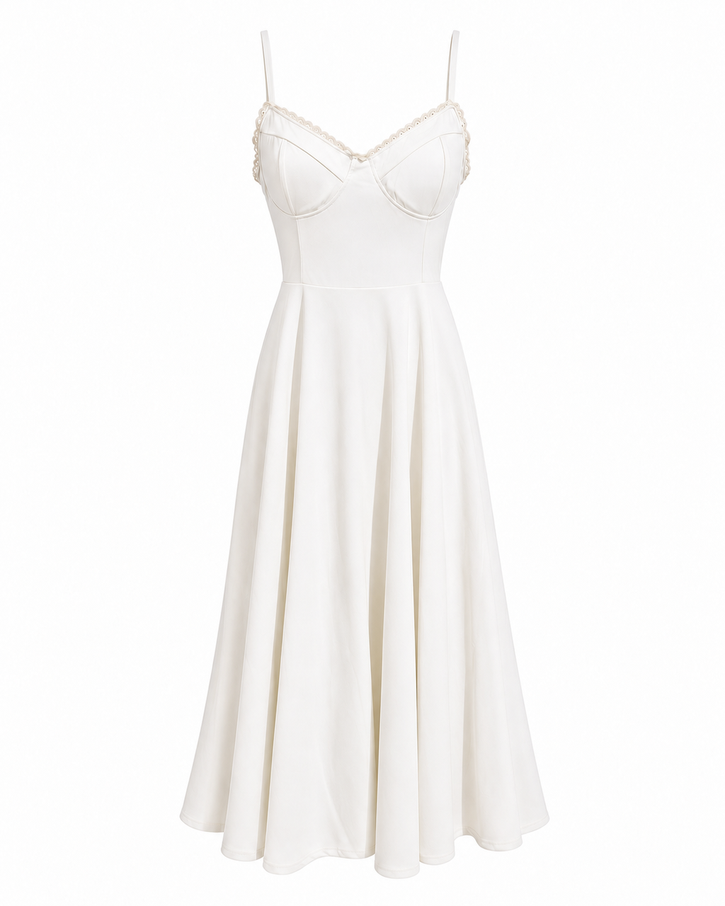 Woman wearing a corset A line midi dress with lace-trimmed sweetheart neckline and full circle skirt - view 19