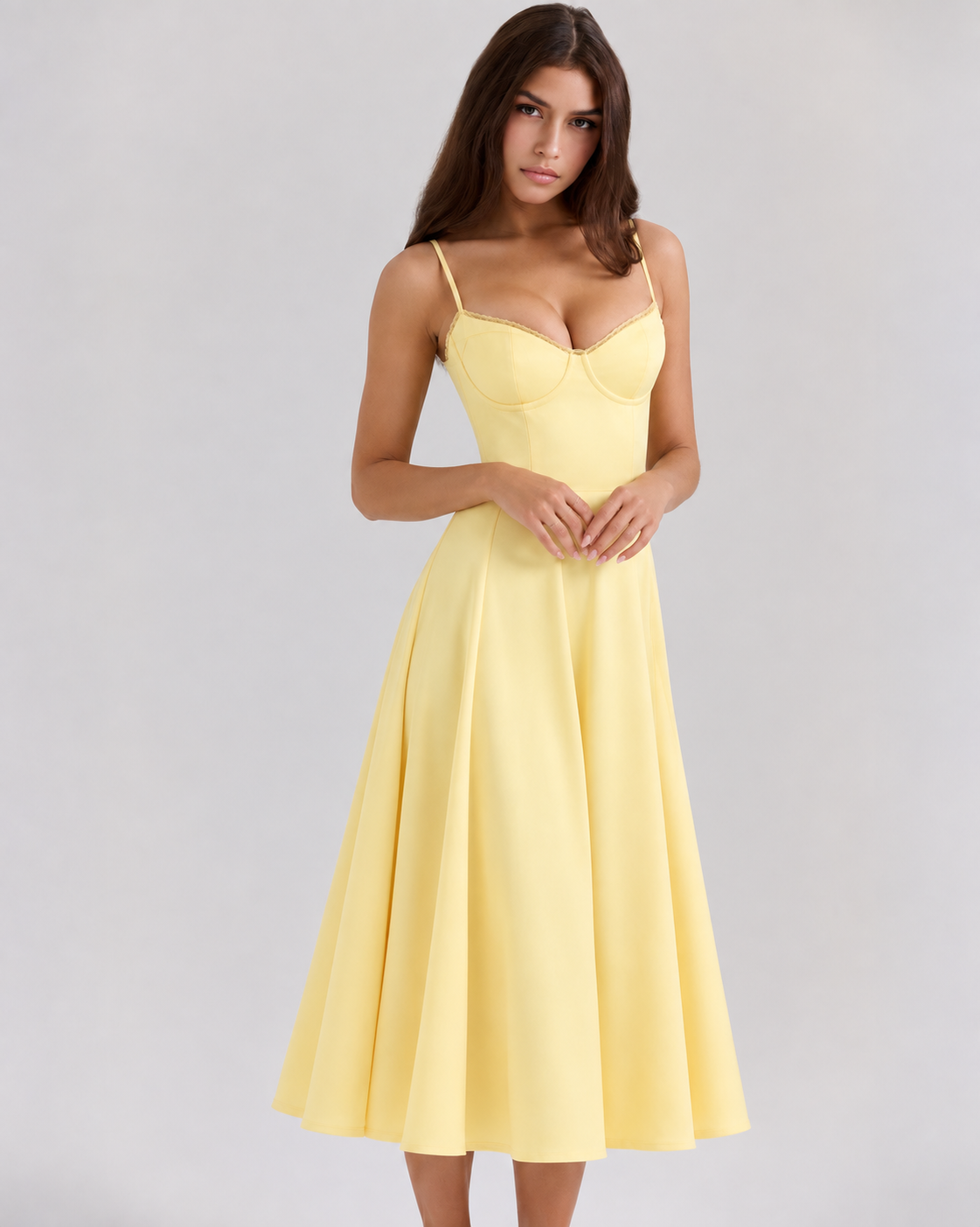 Woman wearing a corset A line midi dress with lace-trimmed sweetheart neckline and full circle skirt - view 2