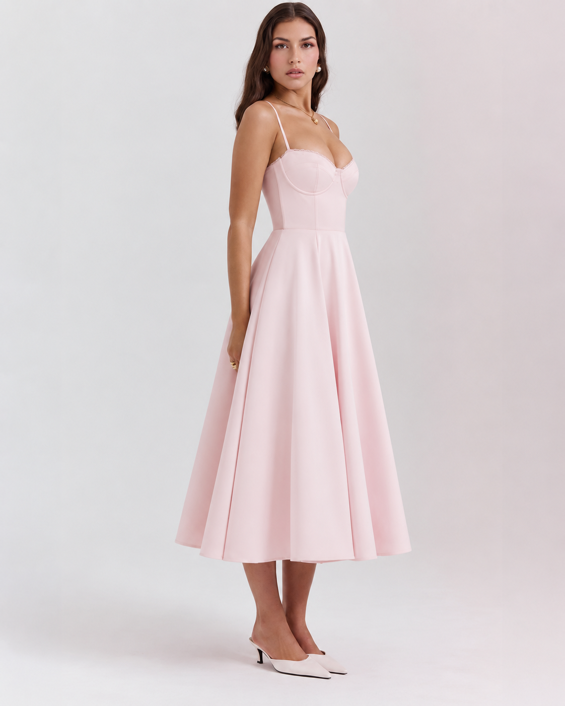 Woman wearing a corset A line midi dress with lace-trimmed sweetheart neckline and full circle skirt - view 21