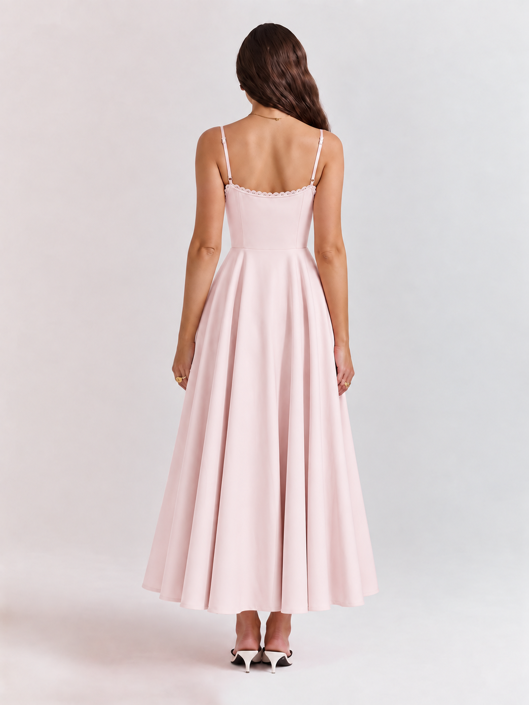 Woman wearing a corset A line midi dress with lace-trimmed sweetheart neckline and full circle skirt - view 22