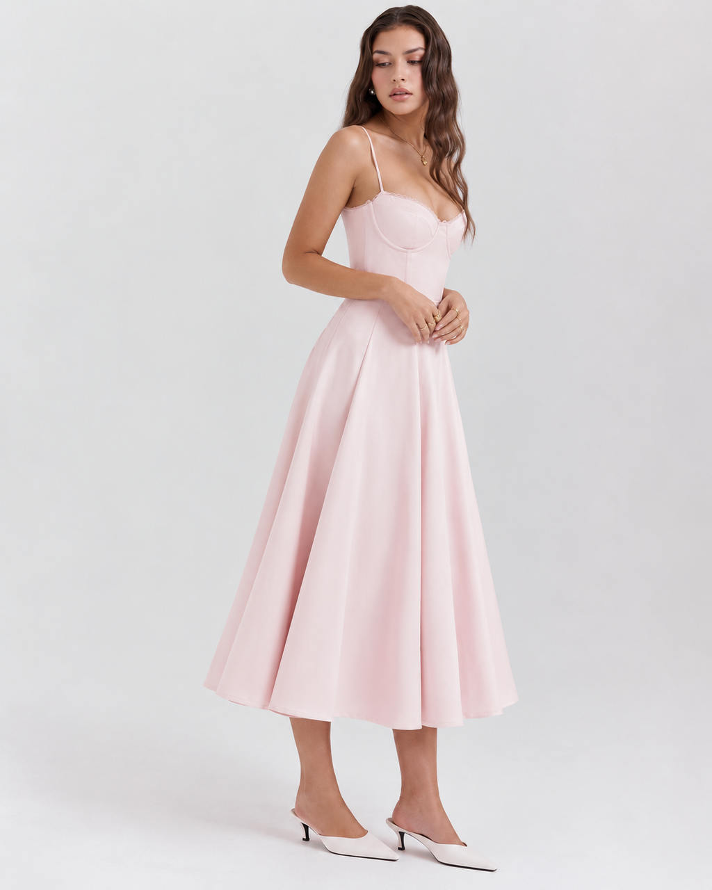 Woman wearing a corset A line midi dress with lace-trimmed sweetheart neckline and full circle skirt - view 23