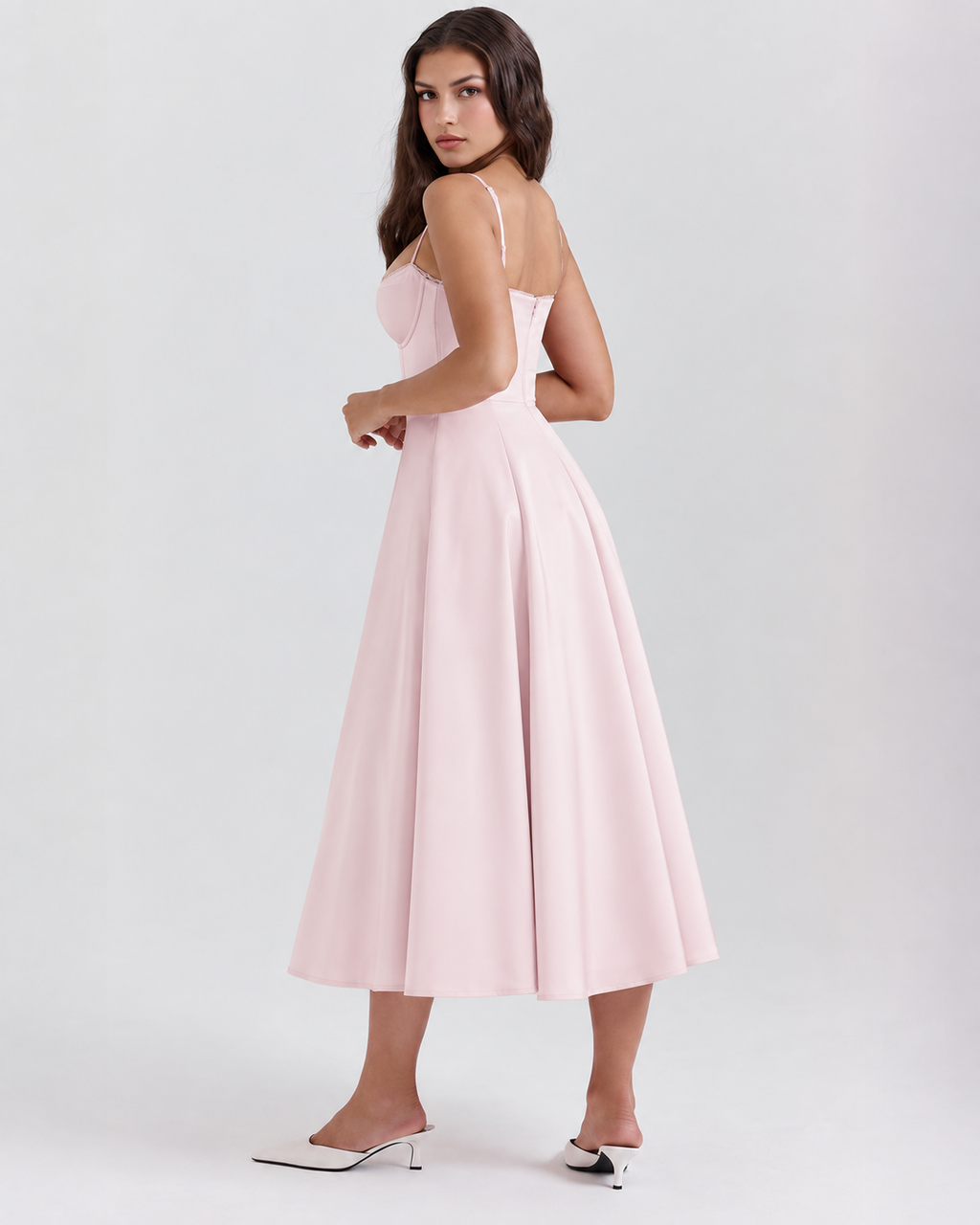 Woman wearing a corset A line midi dress with lace-trimmed sweetheart neckline and full circle skirt - view 24