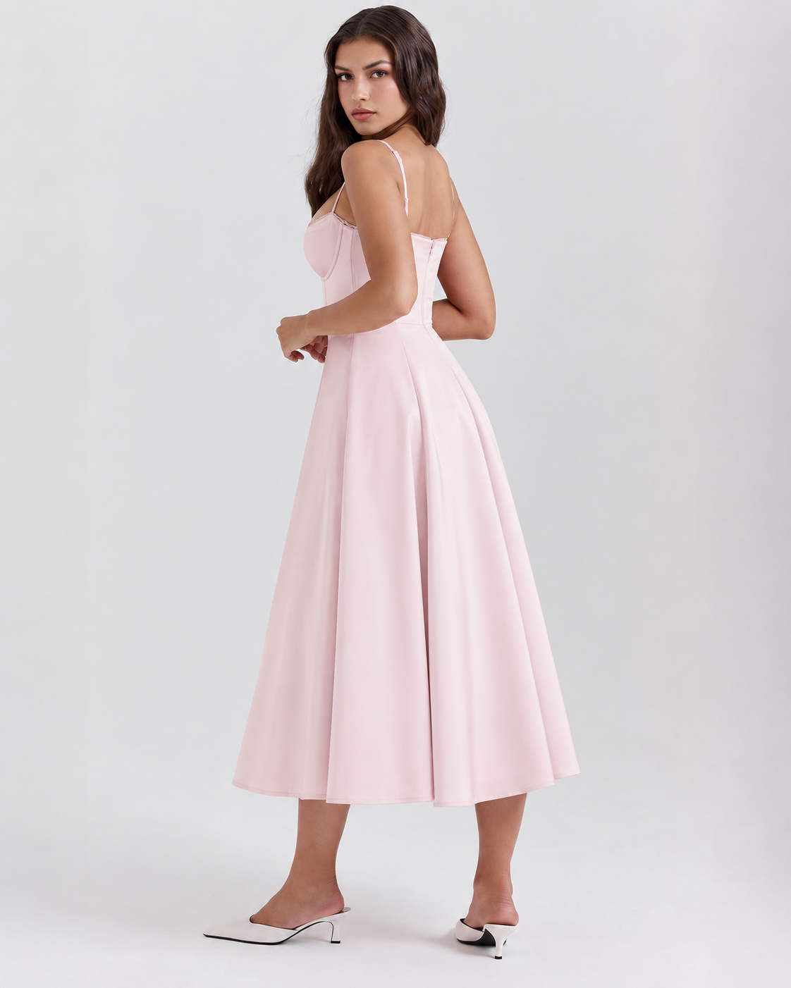 Woman wearing a corset A line midi dress with lace-trimmed sweetheart neckline and full circle skirt - view 24