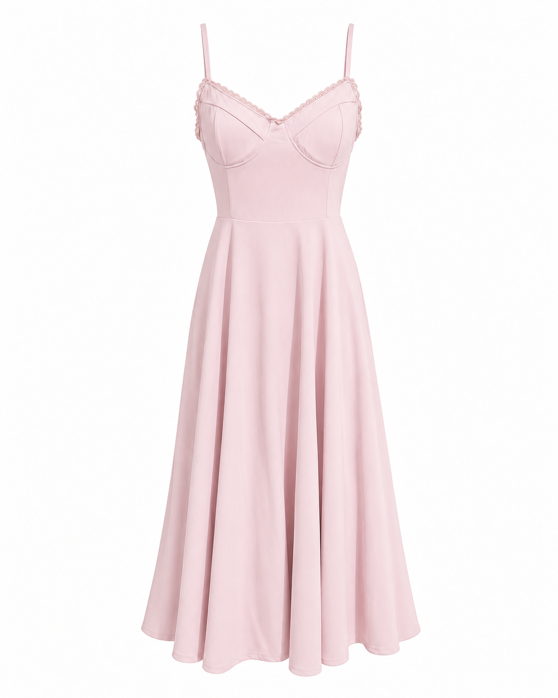 Woman wearing a corset A line midi dress with lace-trimmed sweetheart neckline and full circle skirt - view 25