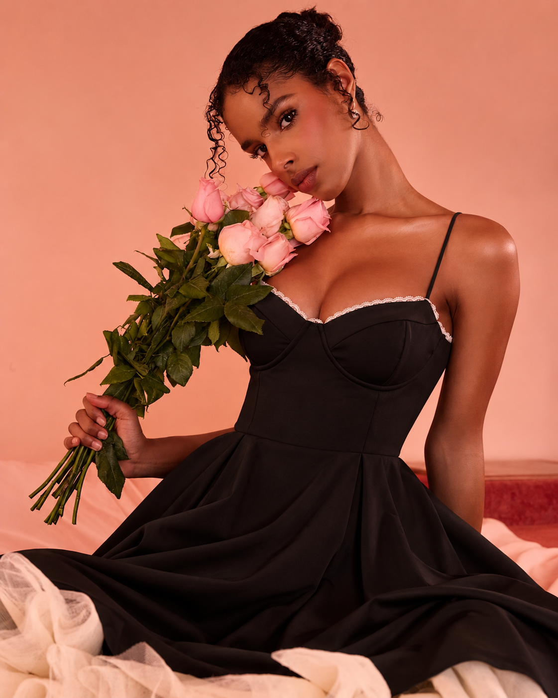 Woman wearing a corset A line midi dress with lace-trimmed sweetheart neckline and full circle skirt - view 26