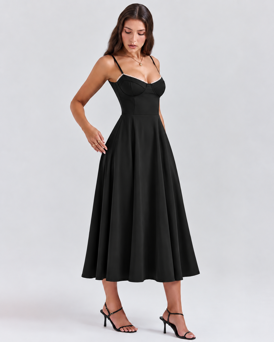Woman wearing a corset A line midi dress with lace-trimmed sweetheart neckline and full circle skirt - view 29