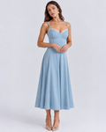 Woman wearing a corset A line midi dress with lace-trimmed sweetheart neckline and full circle skirt - view 3