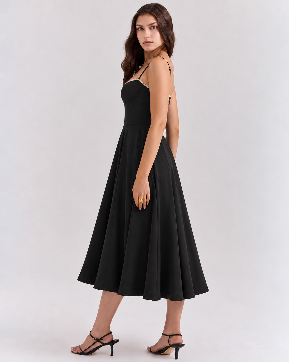 Woman wearing a corset A line midi dress with lace-trimmed sweetheart neckline and full circle skirt - view 32