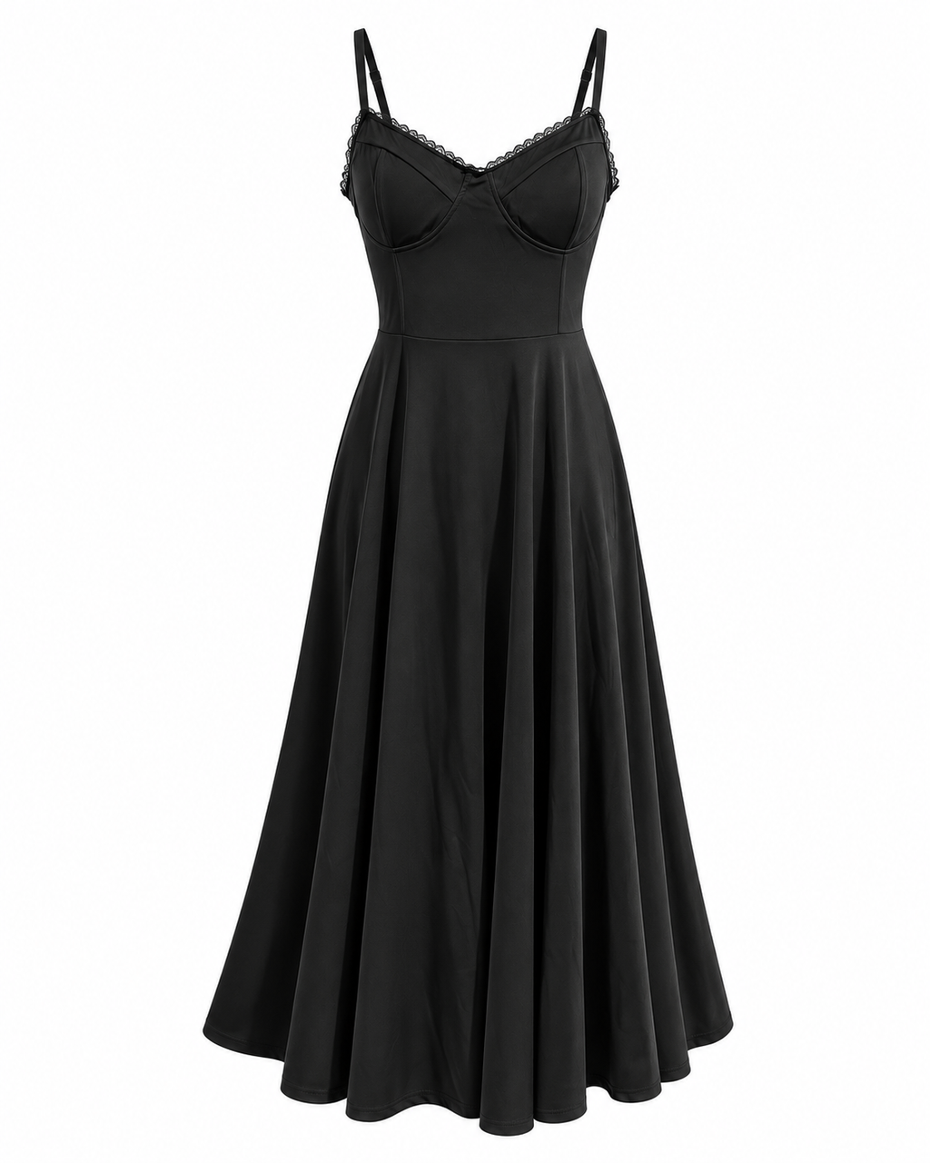 Woman wearing a corset A line midi dress with lace-trimmed sweetheart neckline and full circle skirt - view 34
