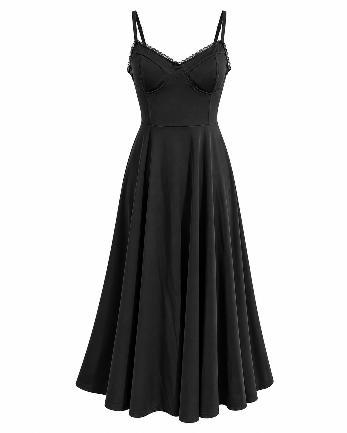 Woman wearing a corset A line midi dress with lace-trimmed sweetheart neckline and full circle skirt - view 34