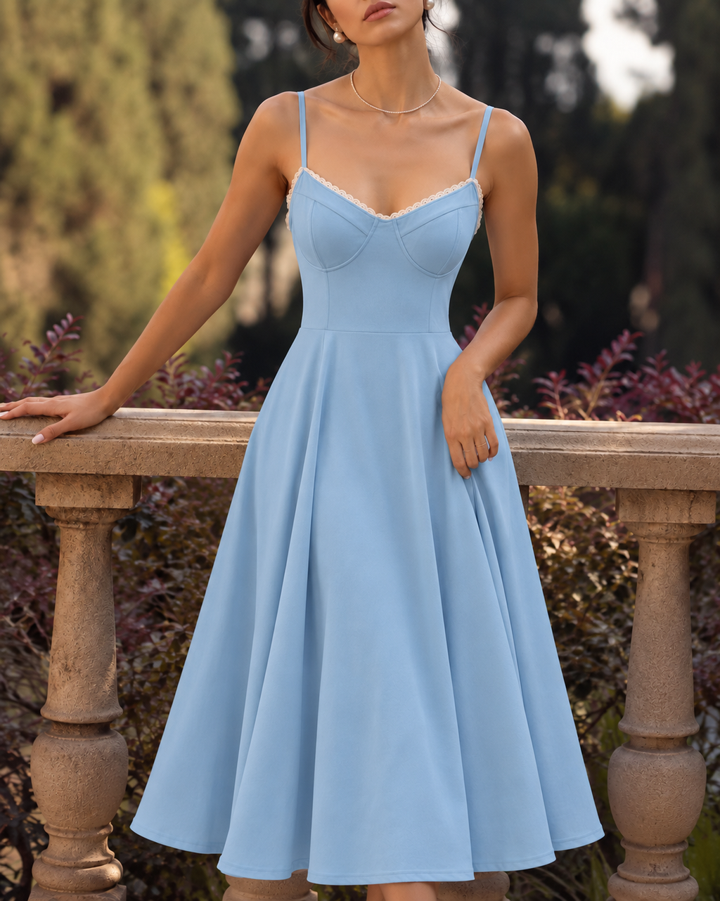 Woman wearing a corset A line midi dress with lace-trimmed sweetheart neckline and full circle skirt - view 36