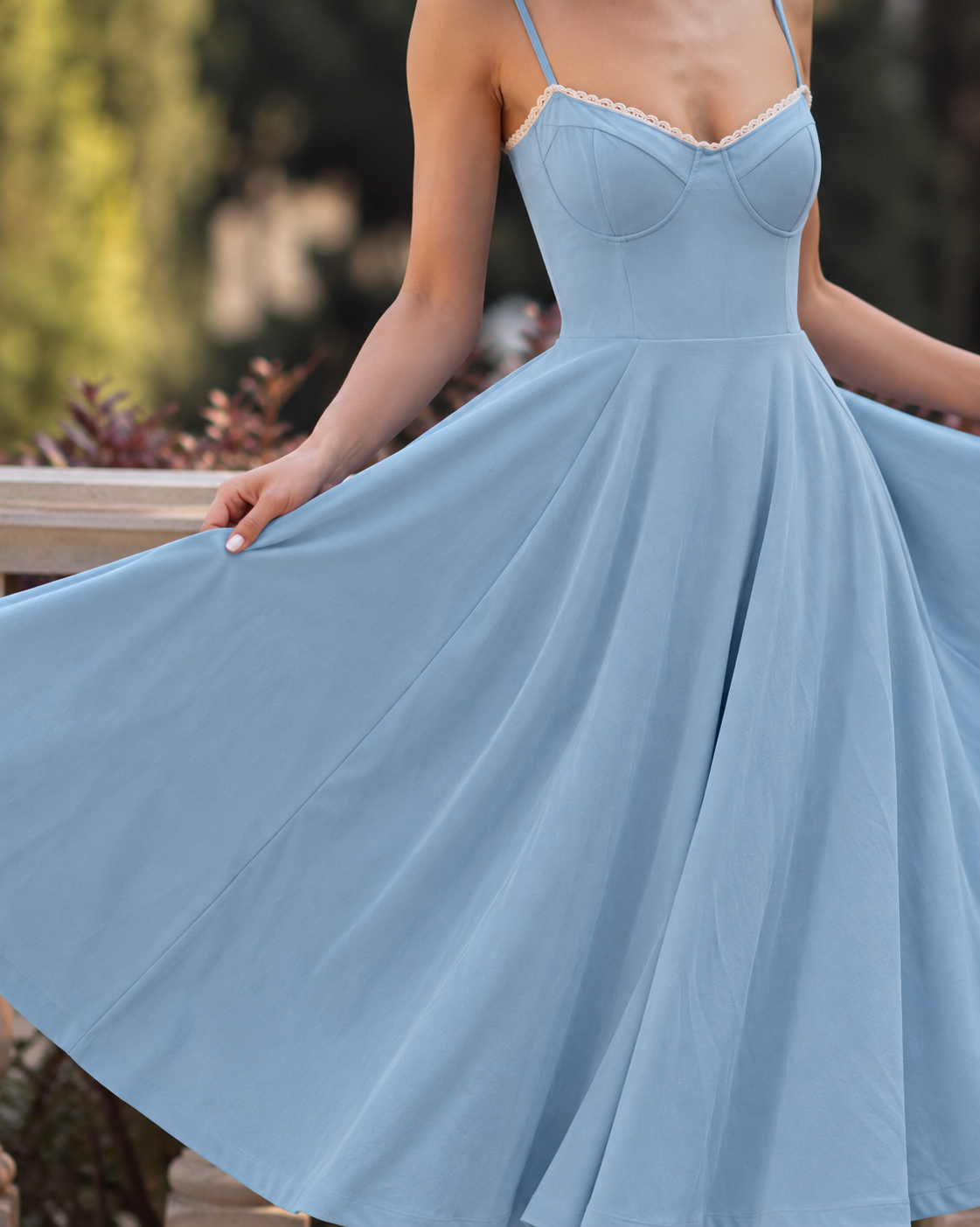 Woman wearing a corset A line midi dress with lace-trimmed sweetheart neckline and full circle skirt - view 37