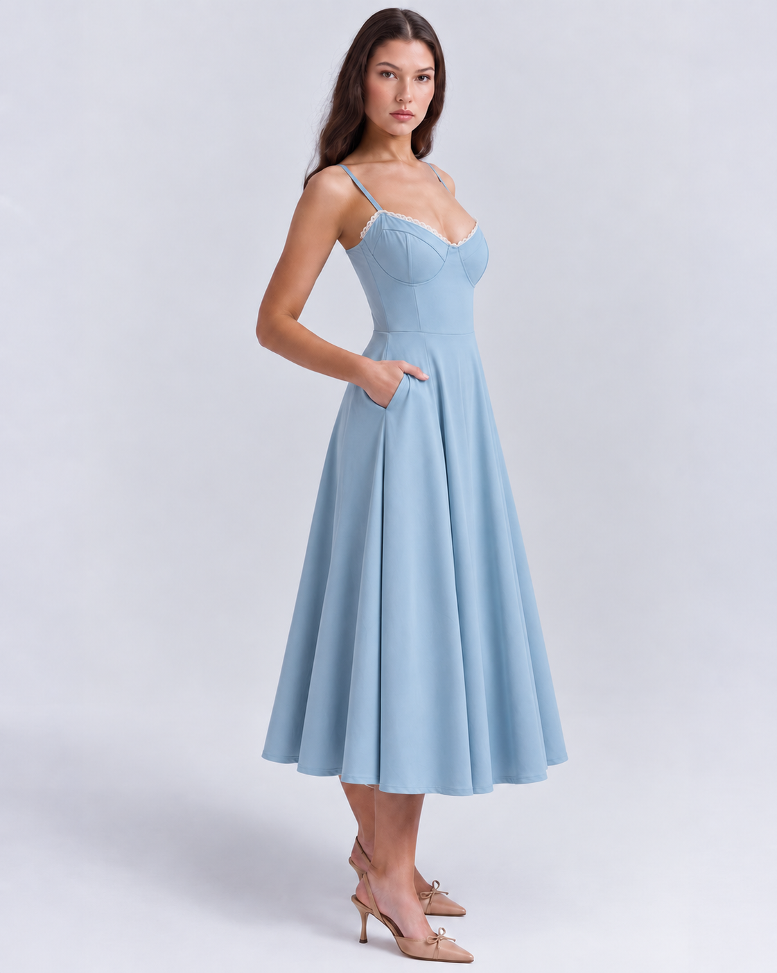 Woman wearing a corset A line midi dress with lace-trimmed sweetheart neckline and full circle skirt - view 39