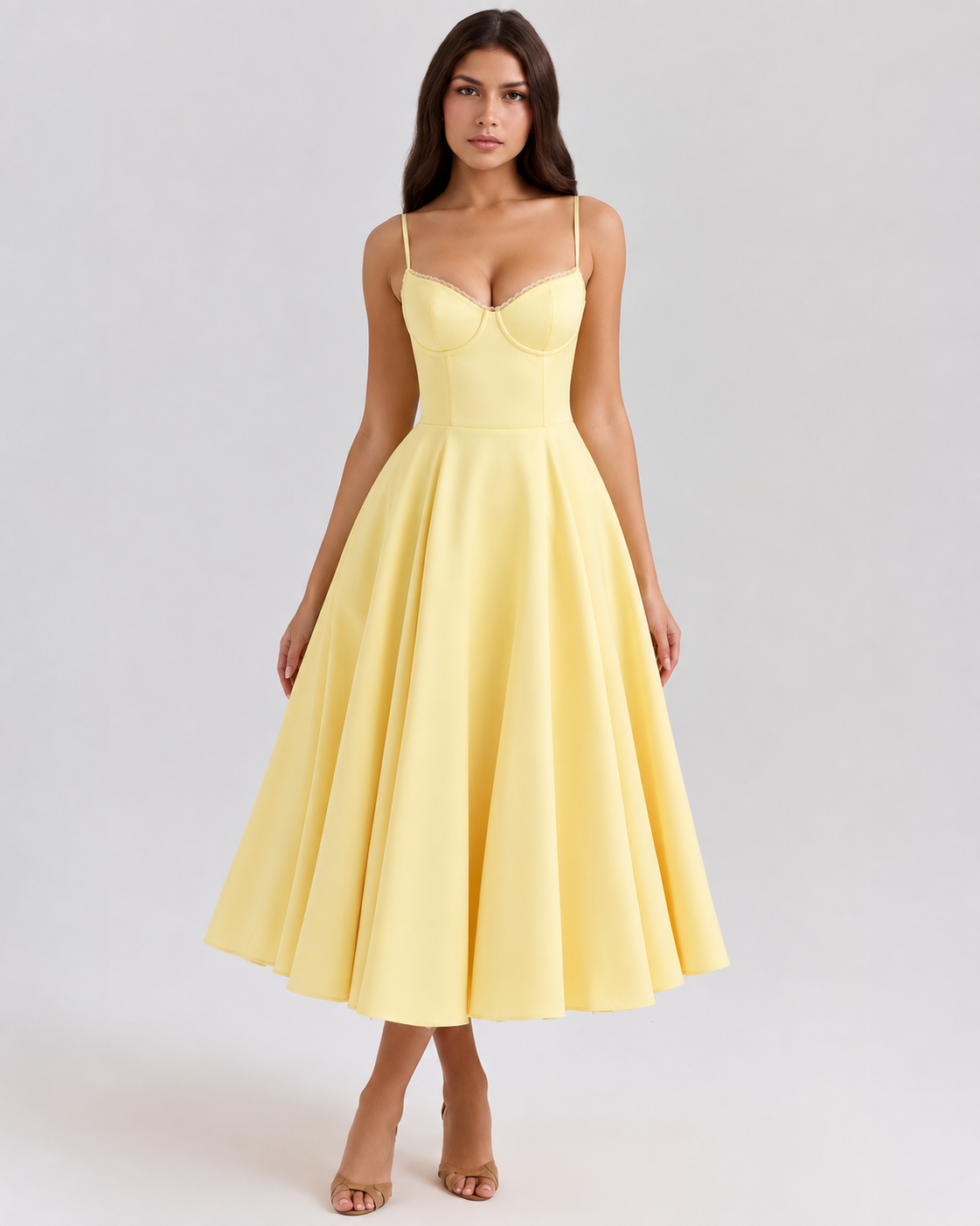 Woman wearing a corset A line midi dress with lace-trimmed sweetheart neckline and full circle skirt - view 4